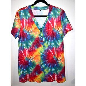 Womens 60's theme Tie-Dye XL  V-Neck Button-Detail Short Sleeve T-Shirt